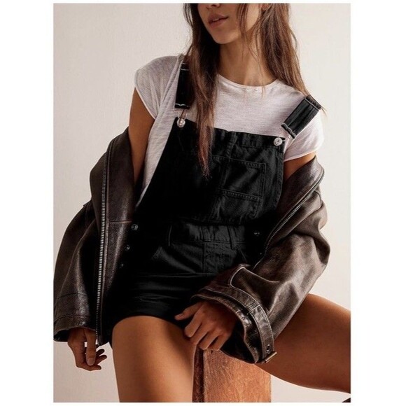 Women’s 90s Y2K Denim Overall Shorts XL Black Shortfall Romper Grunge Whimsygoth - Picture 1 of 16
